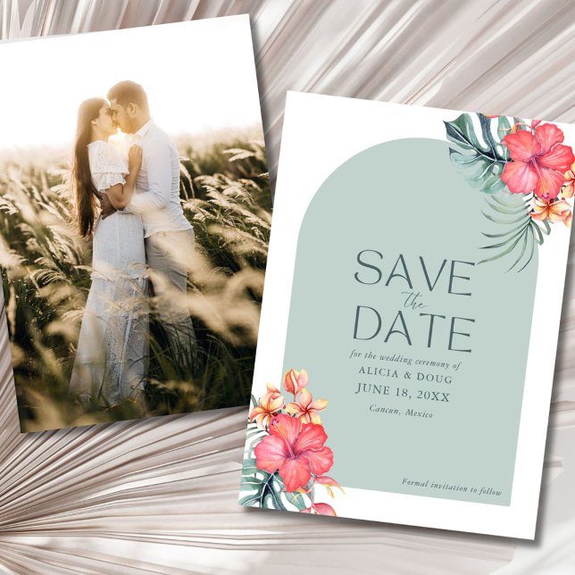 Reserve A Data Tropical Floral Beach Wedding Photo Save the Date  (Tropical Floral Beach Wedding Photo Save the Date)