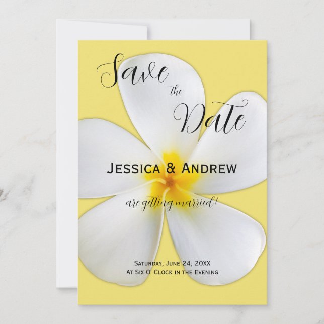 Reserve A Data Tropical Floral, Plumeria Branca em Amarelo, Casam (Frente)