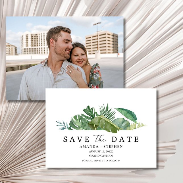 Reserve A Data Tropical Leaf Photo Beach Wedding Save the Date (Tropical Leaf Photo Beach Wedding Save the Date )