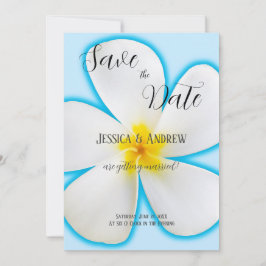Reserve A Data Tropical, Plumeria Branca em Azul, Floral, Casamen
