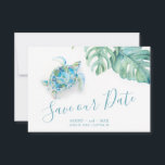 Reserve A Data Tropical Salve a Data Aquarela<br><div class="desc">Anuncie seu noivado com meu tropical de casamento, exceto os convites de data com a tipografia da tipografia da tipografia da tipografia da moda-d'água e minha massa verde-monstera e tartaruga marinha tropical em tons de azul, turquesa e verde. Tem espaço para seus nomes, data do casamento e local do casamento....</div>