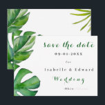 Reserve A Data Tropical Watercolor Green Leaves Custom<br><div class="desc">This elegant tropical design features lush green watercolor leaves framing a clean and modern layout. The fresh botanical elements, including palm and monstera-inspired foliage, create a natural and sophisticated look perfect for destination weddings, beach ceremonies, or garden celebrations. With its minimalist style and vibrant greenery, this design brings a refreshing,...</div>