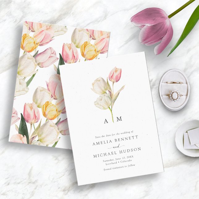 Reserve A Data Tulipa Elegante Salvar a Data (Watercolor Tulip Monogrammed Save The Date by Painted Paperie)
