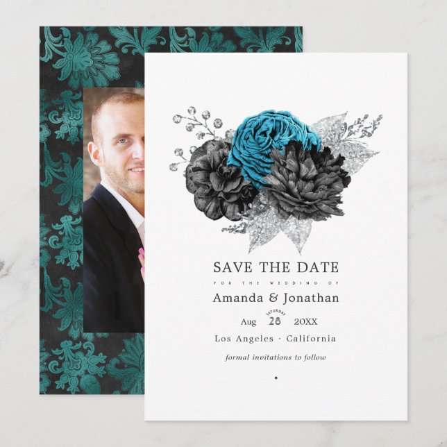 Reserve A Data Turquesa - Azul-marinho Preto e Casamento Floral P (Frente/Verso)