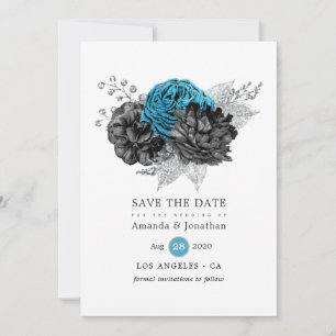 Reserve A Data Turquesa - Casamento Floral Preto e Prata