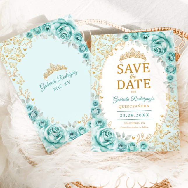 Reserve A Data Turquesa Dourado Floral Quinceanera (Criador carregado)