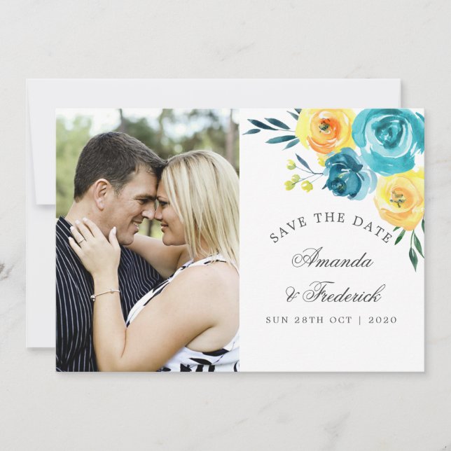 Reserve A Data Turquesa e Amarelo Floral Casamento Salve a Data (Frente)