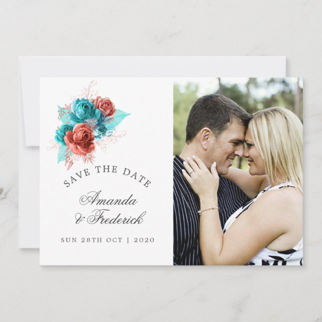 Reserve A Data Turquesa e Coral Casamento Tropical Save the Date (Frente)