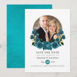 Reserve A Data Turquesa - Foto de casamento floral dourado e azul