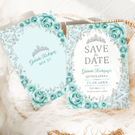 Reserve A Data Turquesa Prata Floral Quinceanera