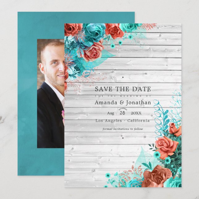 Reserve A Data Turquesa Rústica e Coral Casamento Floral Rústico (Frente/Verso)