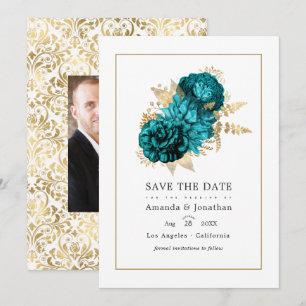 Reserve A Data Turquesa Vintage - Casamento Floral Dourado e Azul