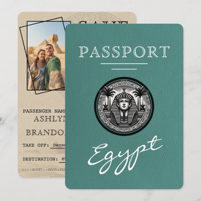Reserve A Data Turquoise Egypt Passport Wedding Save the Date (Frente/Verso)
