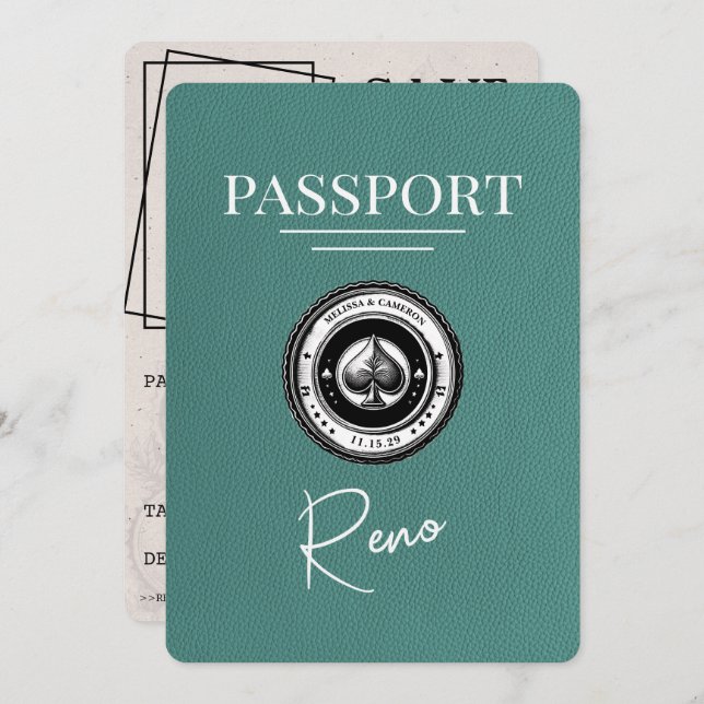 Reserve A Data Turquoise Reno Passaporte Salvar Data (Frente/Verso)