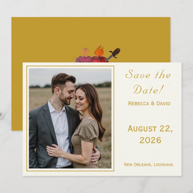 Reserve A Data Two Hearts Catholic Flat Save The Date Card (Frente/Verso)