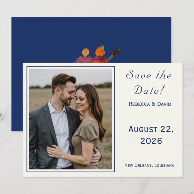 Reserve A Data Two Hearts Catholic Flat Save The Date Card (Frente/Verso)