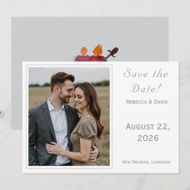 Reserve A Data Two Hearts Catholic Flat Save The Date Card (Frente/Verso)