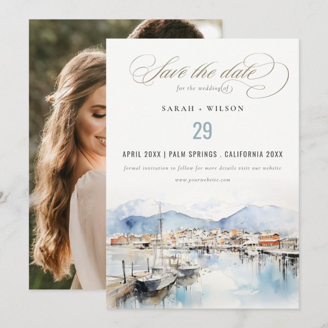 Reserve A Data Ushuaia, Argentina Watercolor Scape Wedding Photo (Frente/Verso)