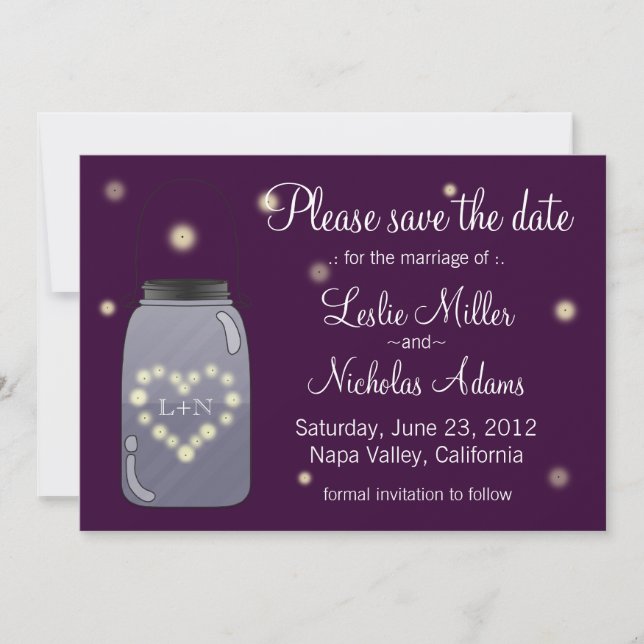 Reserve A Data Vagalumes no Mason Jar Heart Love Salvar a Data (Frente)