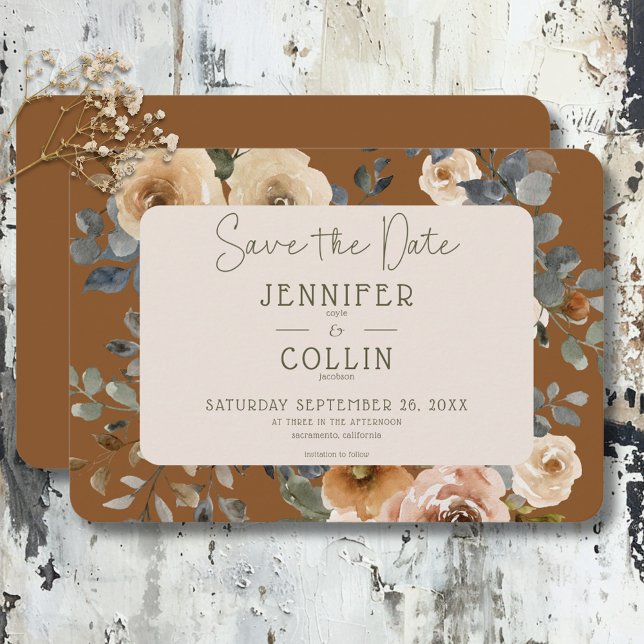 Reserve A Data Vanilla White Boho Rosa Casamento de ferrugem (Vanilla White Boho Roses Rust Wedding Save The Date)