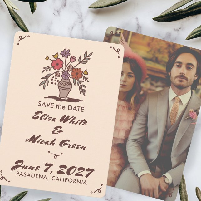 Reserve A Data Vaso de Flores Rústico Caprichoso Esboço Foto Pers (Floral Vase Rustic Whimsical Sketch Custom Photo Save The Date
)