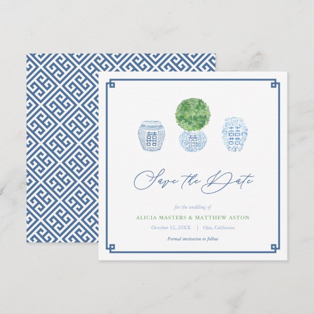 Reserve A Data Vaso de Gengibre em Buxo Clássico Casamento Azul e (Frente/Verso)