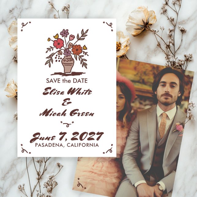 Reserve A Data Vaso Floral Rústico Caprichoso Esboço Foto Persona (Floral Vase Rustic Whimsical Sketch Custom Photo Save The Date
)