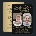 Reserve A Data Veja quem tem 50 fotos Douradas e pretas 2<br><div class="desc">Olha quem faz 50 anos! Convide familiares e amigos para uma próxima comemoração de 50 anos com fotos personalizadas para salvar os convites de festas de data. Imagens e textos neste modelo são simples de personalizar. (DICA DE IMAGEM: Uma maneira fácil de posicionar uma foto exatamente como você deseja é...</div>