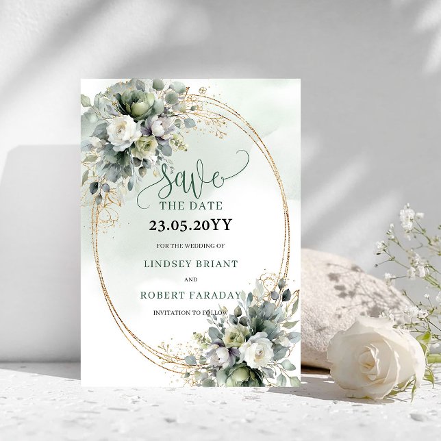 Reserve A Data Verde Empoeirado Botânico Verde Dourado Salve A Da (Dusty Green Botanical Green Gold Save The Date)