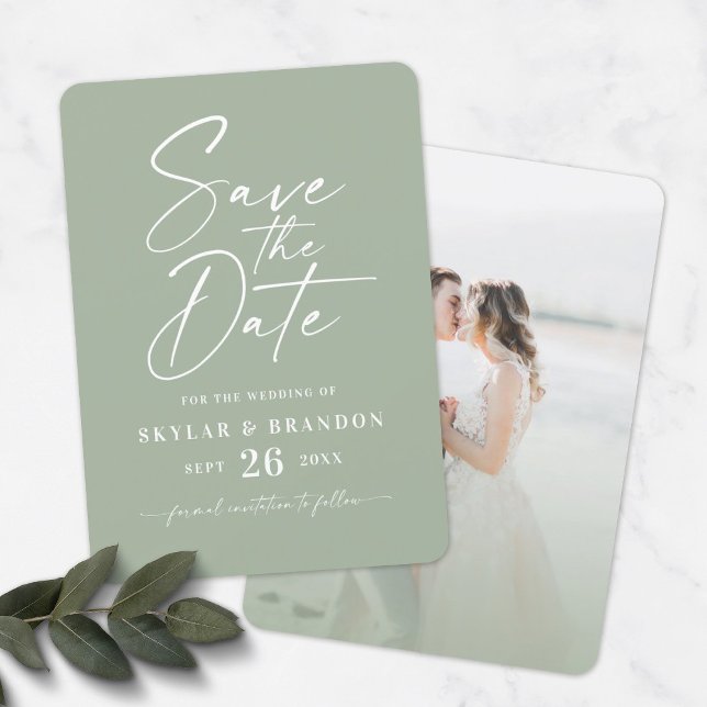 Reserve A Data Verde Folha Simples com Casamento de Script e Foto (Criador carregado)