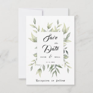 Reserve A Data Verde Folhas e Ramificações Aquarela