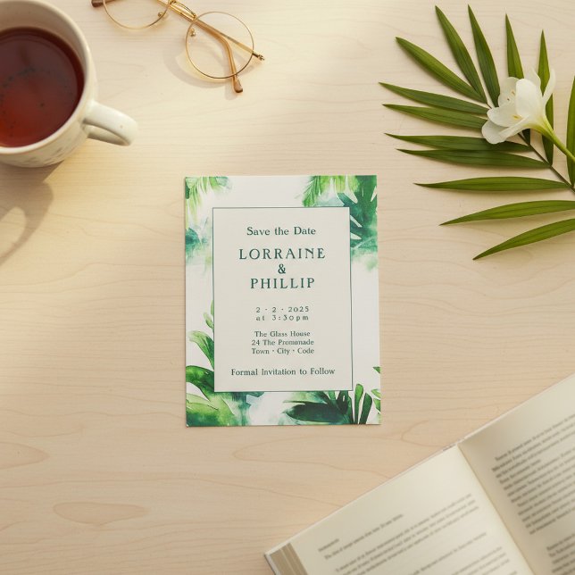Reserve A Data Verde Tropical Folha Botânica Elegante (Tropical Greenery Elegant Botanical leafy Save The Date.)