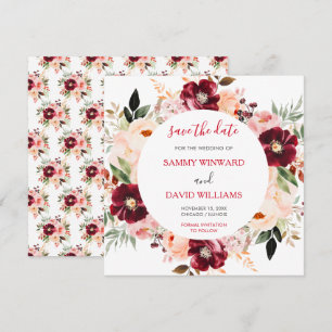 Reserve A Data Vermelho Borgonha e Floral Rosa Beije Save The Dat