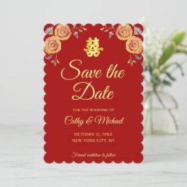Reserve A Data Vermelho laranja floral chinês casamento dupla fel
