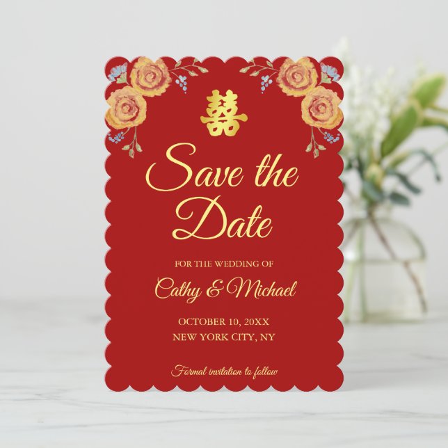 Reserve A Data Vermelho laranja floral chinês casamento dupla fel (Em pé/Frente)