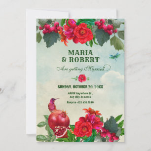 Reserve A Data Vermelho Verde Flores Pássaro Retro Antigo casamen