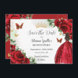 Reserve A Data Vibrante Red Floral Princesa Vestida Dourada Quinc<br><div class="desc">Personalize este bonito aniversário vermelho Quinceañera / Sweet 16, salve a data fácil e rapidamente. Basta clicar no botão personalizar para editar os textos, alterar as fontes e as cores das fontes. Apresentando uma garota vestida com um lindo vestido de bola vermelha, rosas vermelhas vibrantes, borboletas e elementos de ouro....</div>