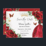 Reserve A Data Vibrante Red Floral Princesa Vestida Dourada Quinc<br><div class="desc">Personalize este bonito aniversário vermelho Quinceañera / Sweet 16, salve a data fácil e rapidamente. Basta clicar no botão personalizar para editar os textos, alterar as fontes e as cores das fontes. Apresentando uma garota vestida com um lindo vestido de bola vermelha, rosas vermelhas vibrantes, borboletas e elementos de ouro....</div>
