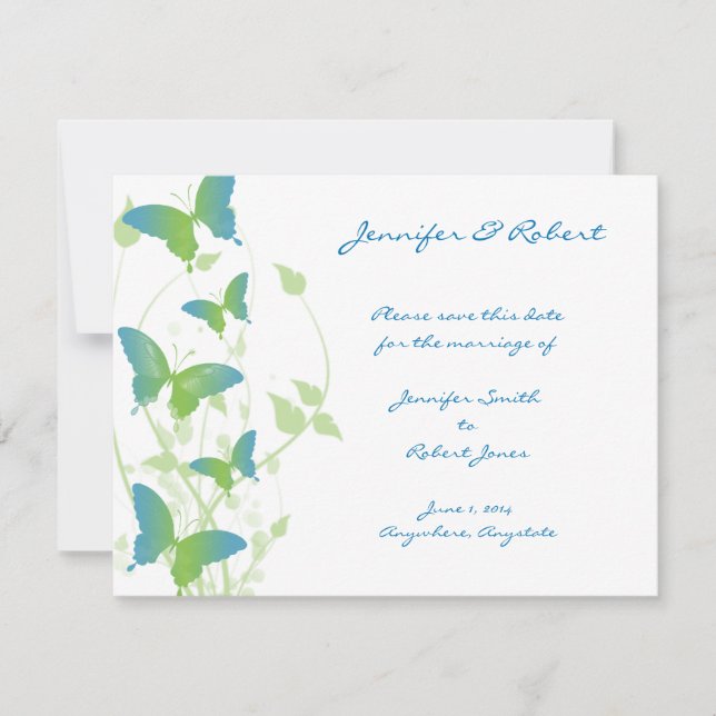 Reserve A Data Vinha-borboleta azul e verde Salvar a data (Frente)