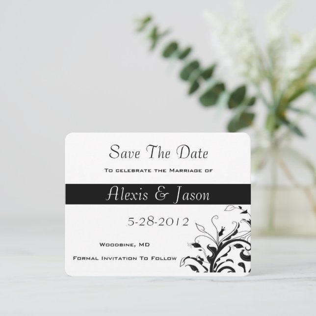 Reserve A Data Vinhas Florais Pretas e Brancas | Casamento Salvar (Em pé/Frente)