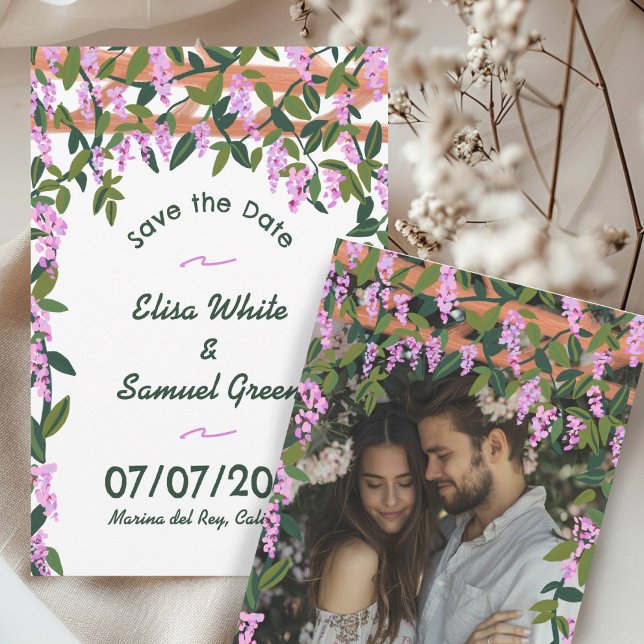 Reserve A Data Vinhas Floridas de Wisteria Personalizado para Cas (Wisteria Vines Floral Custom Photo Wedding Save The Date
Card Digital DOwnload)