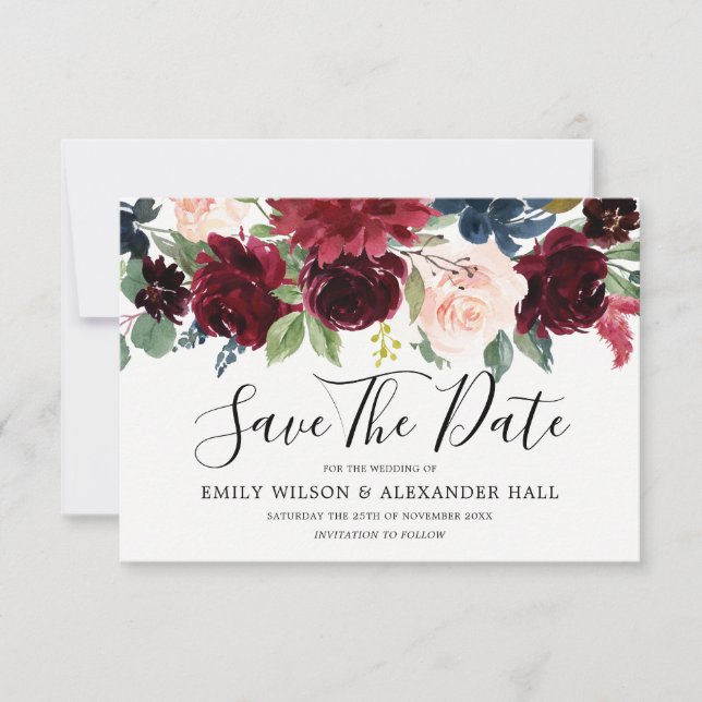 Reserve A Data Vinho Tinto Marsala Burgundy Flores Casamento (Frente)