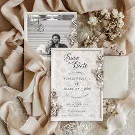 Reserve A Data Vintage Barroco Floral Monograma Foto Casamento