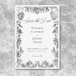 Reserve A Data Vintage Black & White Tapeçaria Floral Casamento