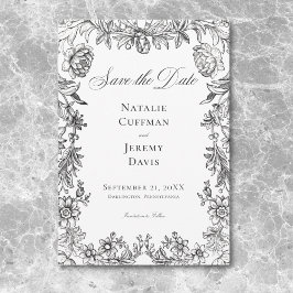 Reserve A Data Vintage Black & White Tapeçaria Floral Casamento