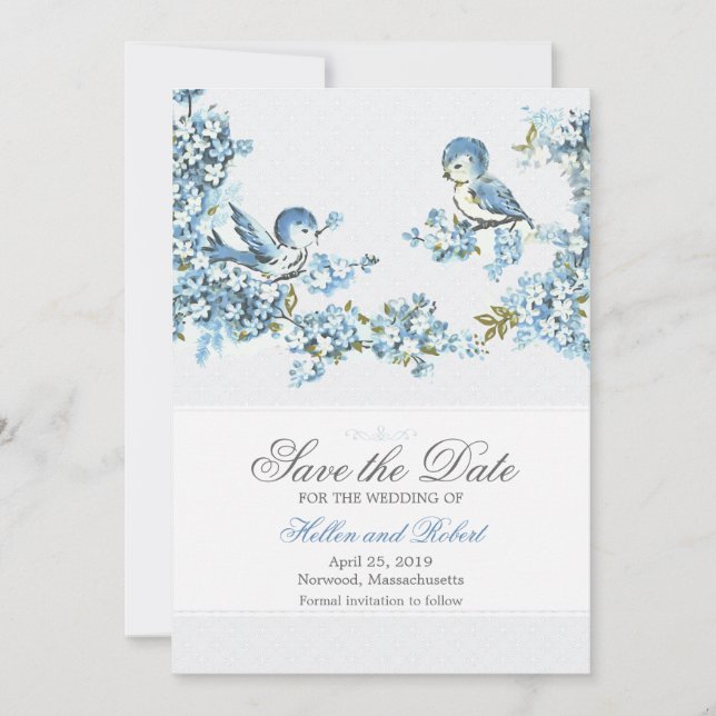 Reserve A Data Vintage Blue Birds Casamento no inverno Salvar a D (Frente)