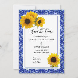 Reserve A Data Vintage Blue Pattern Sunflower Save Date (Padrão d