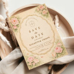 Reserve A Data Vintage Blush Rose Garden Wedding<br><div class="desc">A romantic vintage wedding design featuring delicate watercolor blush roses blooming in the corners around an elegant scalloped frame. Set against a warm parchment background, the soft botanical details and refined typography create a timeless garden aesthetic inspired by classic European wedding stationery. The gentle pastel palette and antique floral charm...</div>