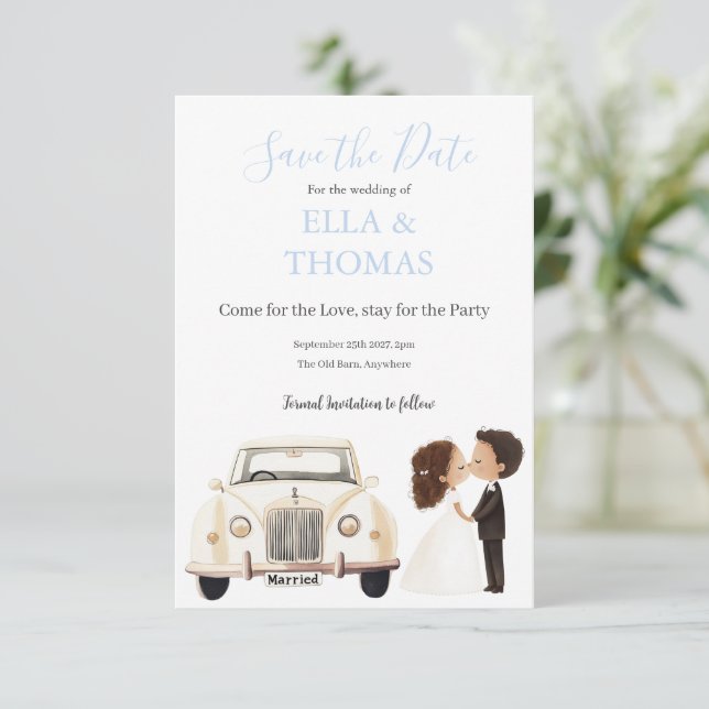 Reserve A Data Vintage Car Bride & Groom Lavender (Em pé/Frente)