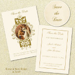 Reserve A Data Vintage Católica Casamento Elegante Salve a Data<br><div class="desc">Apresentando um cartão-postal católico tradicional e bonito "Salve a Data" com a imagem da Mãe e Rua Abençoadas,  José sobreposto num quadro floral de ouro. Uma citação de script está incluída na frente. Texto e design podem ser modificados. Oferecemos coordenação de convites para casamento,  Rsvp,  favores,  etc.,  também.</div>